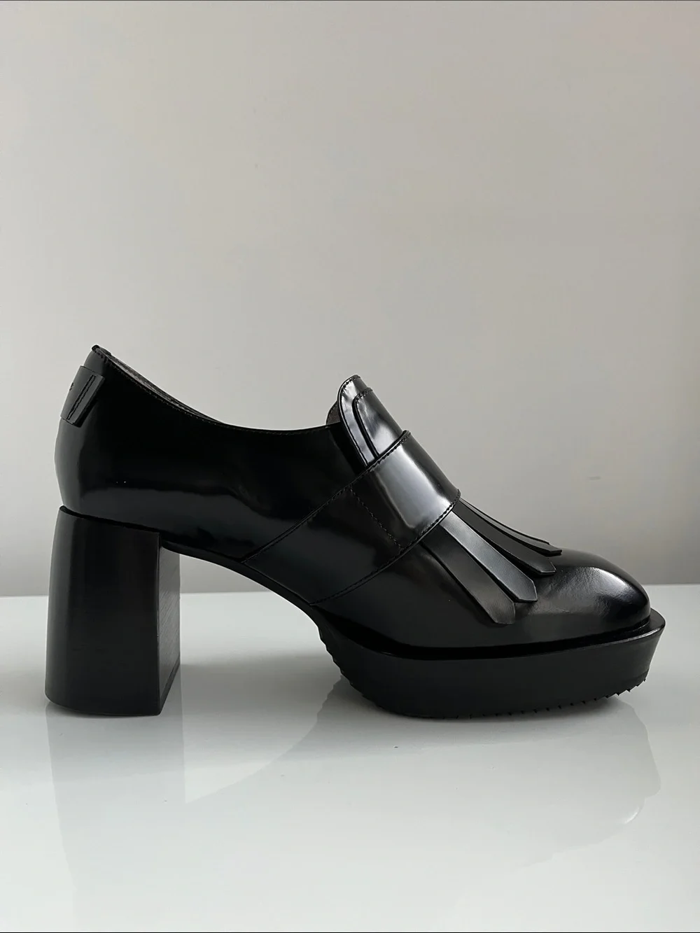All Saints “ZIA” Black Leather Kiltie Loafers with Gold Buckle